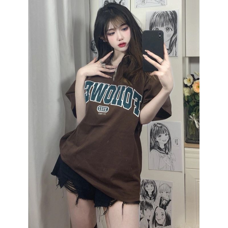 American retro fashion shoulder t-shirt short-sleeved female oversize design sense niche polo collar half-sleeved top ins
