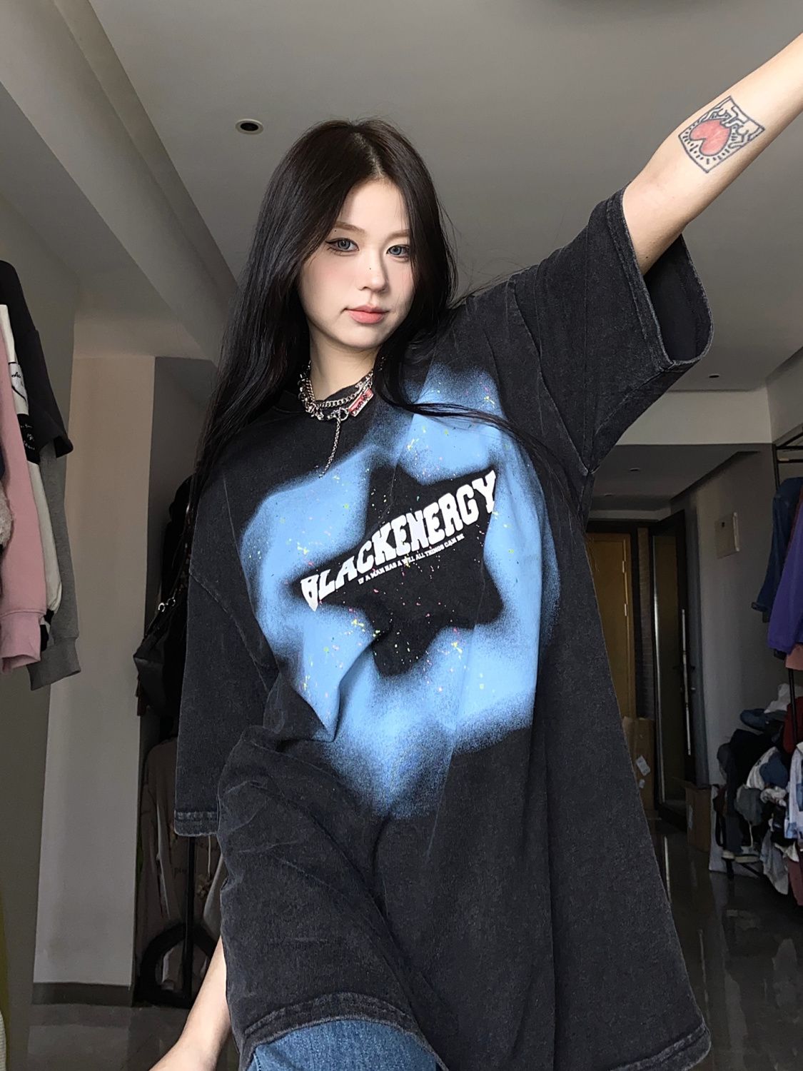 American new trendy brand washed mist star graffiti printing short-sleeved short-sleeved women's sweet cool hot girl flower shirt