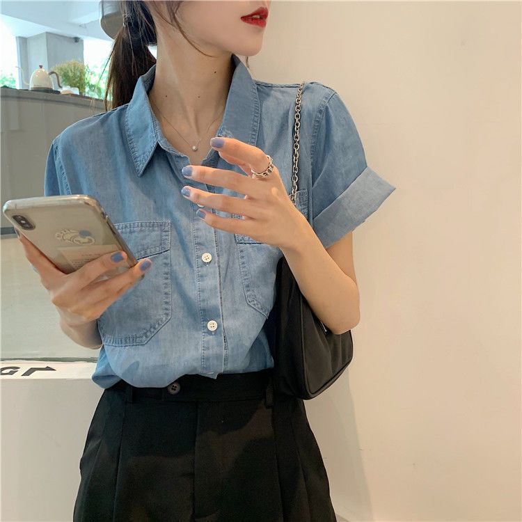Summer 2023 new loose single-breasted Polo collar mid-length temperament pocket short-sleeved denim shirt top women