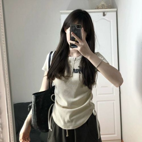 Very nice [all-match and easy to wear] Hong Kong style hot girl drawstring short-sleeved t-shirt female ins super hot retro slim top