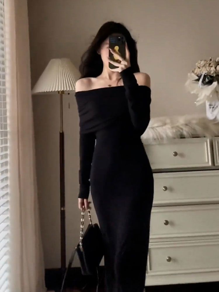 Sexy Goddess Fan Dress 2023 Young Long-sleeved Long Strapless Care Bag Hip Girl Spring and Autumn Little Black Dress