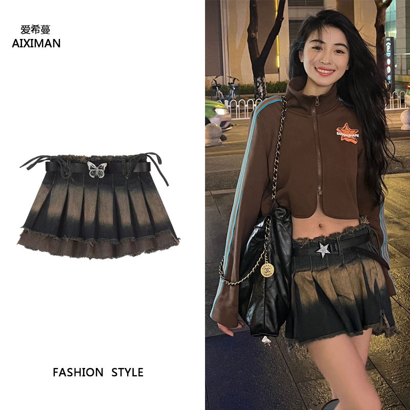 High Street Spice Girls Irregular Denim Short Skirt Female Summer New Korean Version Trendy High Waist Slim A-Line Pleated Skirt