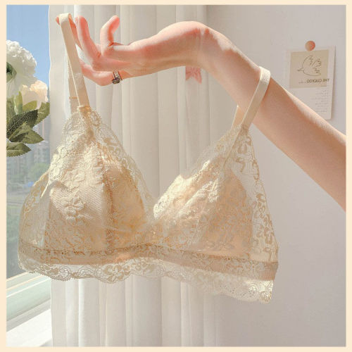 French summer ultra-thin big chest showing small bra underwear women's small chest gathered without steel ring triangle cup bra set