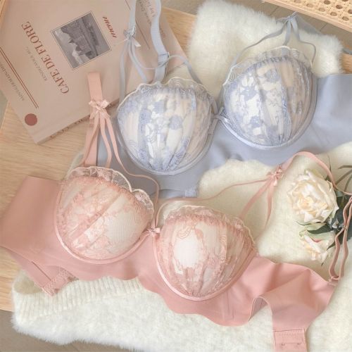 Small chest French slightly sweet retro no steel ring gathered underwear women's top thin bottom thick thin girl sexy bra set