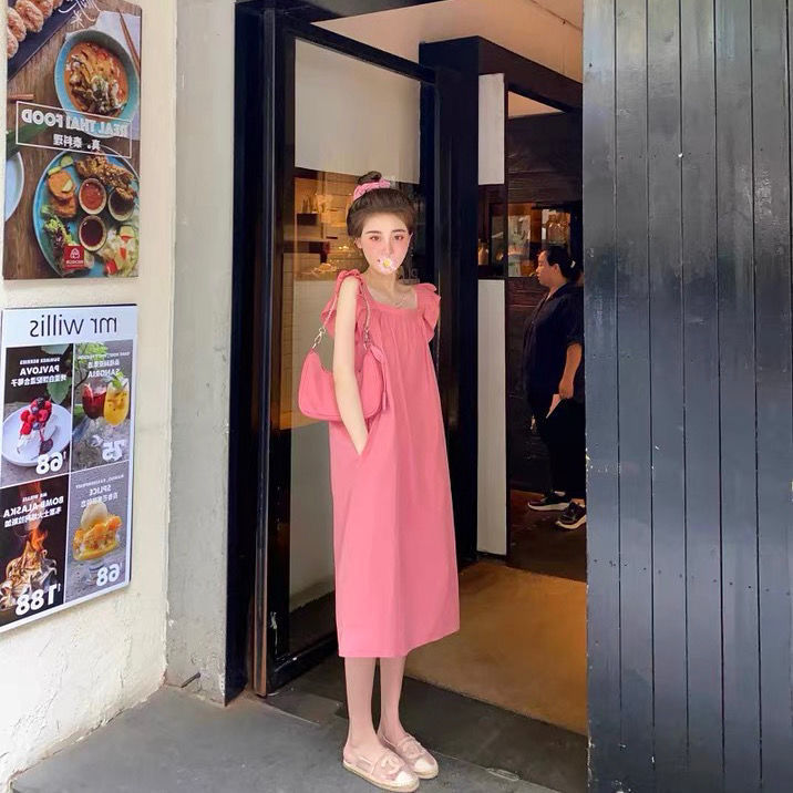linyings pink square collar dress women's summer 2023 new Korean version loose and thin small flying sleeve mid-length skirt