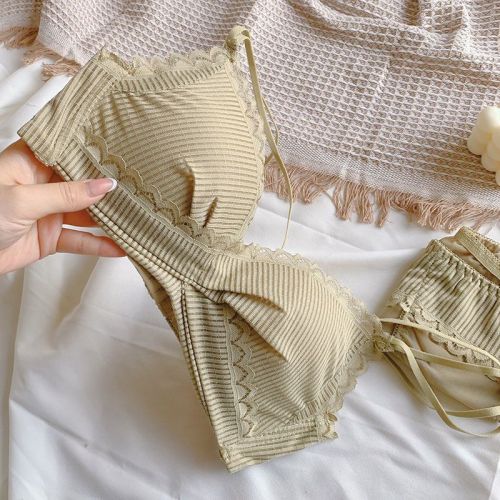 Design sense striped lace seamless underwear small chest gathered up to show big no steel ring pure desire girl bra set