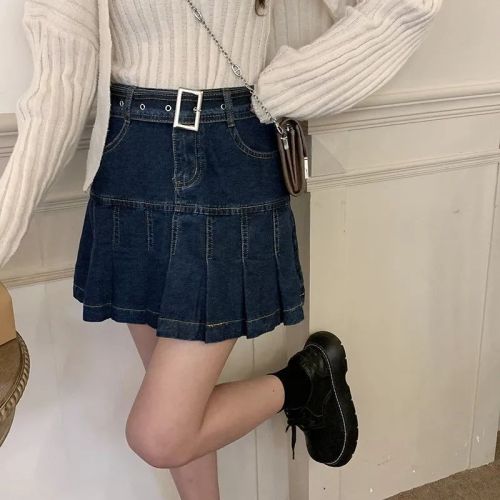 Retro denim skirt female  summer new Korean style student loose all-match slim denim pleated skirt trend
