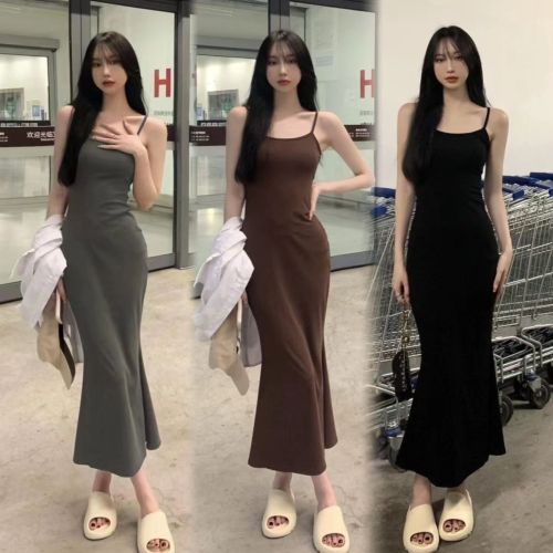 Hong Kong style retro fishtail dress female summer temperament with suspenders long skirt hot girl sleeveless slim wrap hip skirt