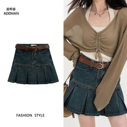 American retro hot girl skirt denim skirt female  summer new high waist slimming anti-light pleated skirt tide
