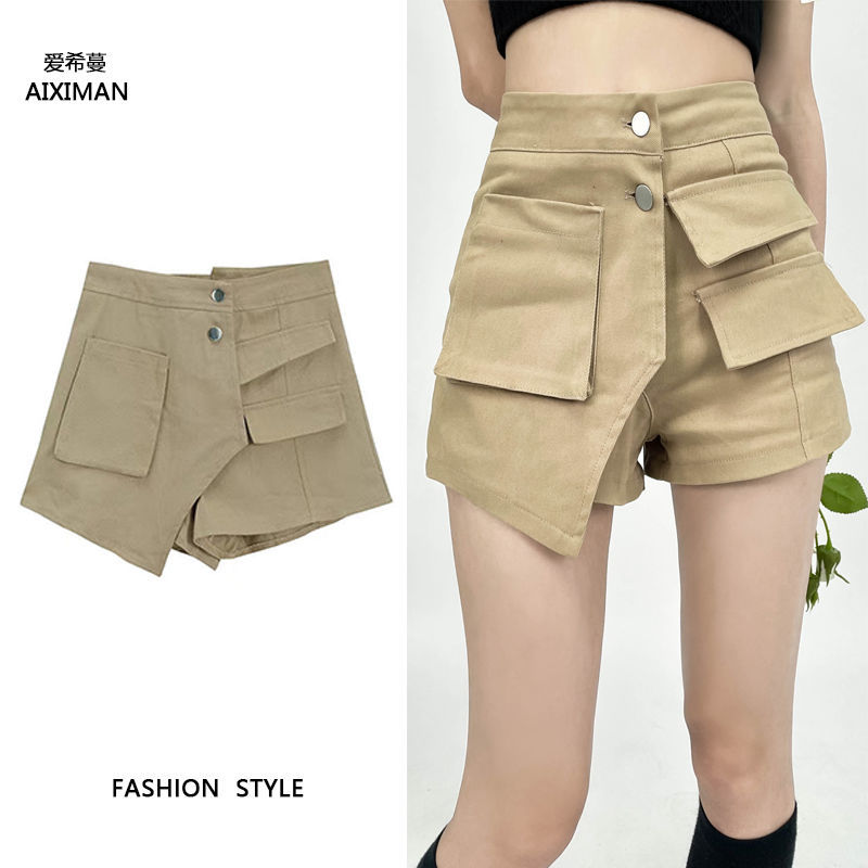 Design sense American style casual shorts female 2023 summer thin section hot girl high waist a-line slim wide-leg overalls overalls