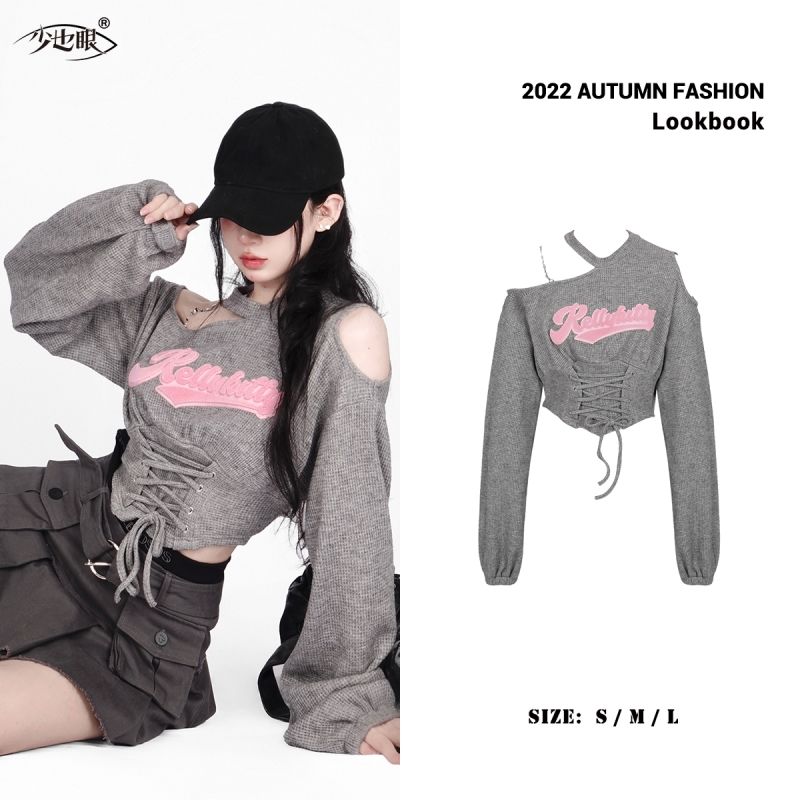 Waffle off-the-shoulder sweet and spicy girdle ant waist straps short all-match early autumn Korean version pure desire long-sleeved sweater women's fashion