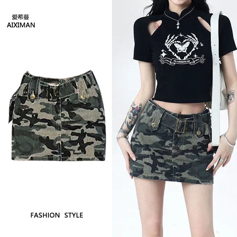 High street ins camouflage denim bag hip skirt women 2023 summer new tooling babes high waist slimming a-line skirt