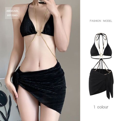 Black Pure Desire Chain Sexy European and American Style Split Swimsuit Women's New Bikini Three-piece Set Covering Meat Seaside Vacation