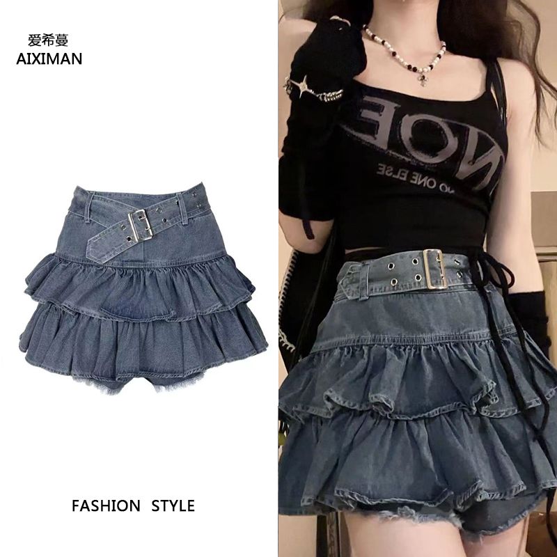 Korean version of ruffled denim skirt women's spring new pure desire style hot girl high waist slim slim A-line skirt
