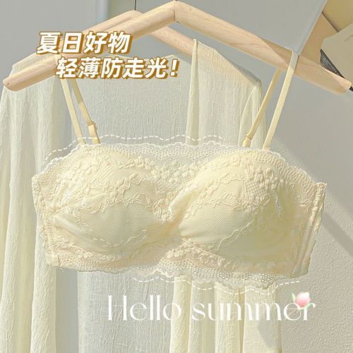 Tube top underwear women's summer thin section without steel ring big breasts show small wrapped chest anti-light lace breathable bra set