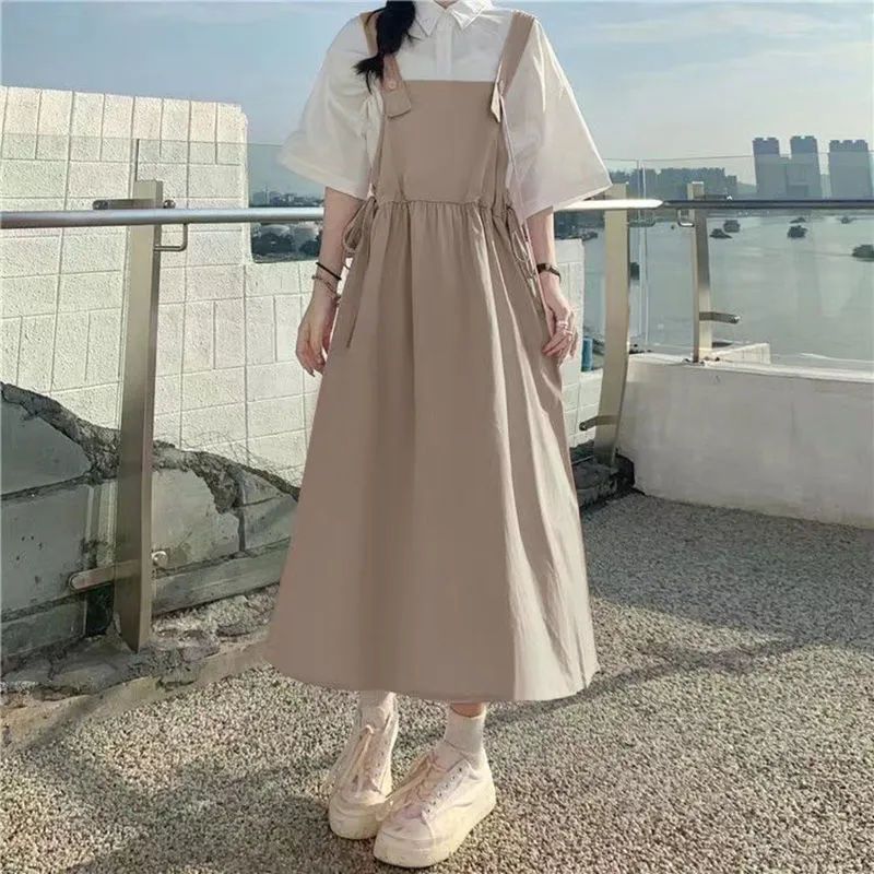 College style suspender skirt suit female student summer Korean version loose all-match slim mid-length suspender dress tide
