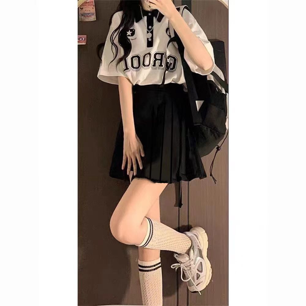 Retro summer new American style Polo collar short-sleeved student girl splicing T-shirt + pleated skirt loose age-reducing suit tide