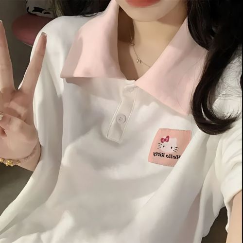 Milky sweet design feeling niche front shoulder polo shirt short-sleeved t-shirt women loose Korean version oversize thin top women