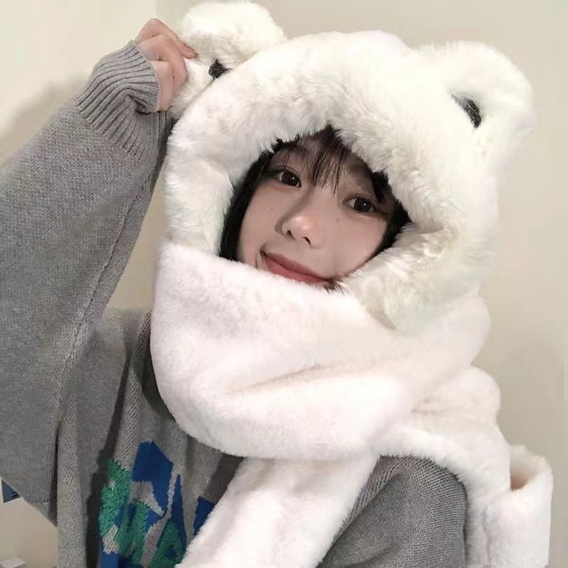 Bear hat Korean version cute female all-match autumn and winter scarf one furry warm gloves scarf three-piece set