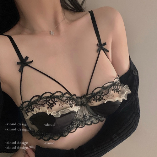 Sexy pure desire lace half cup underwear women's small chest gathered anti-sagging soft steel ring thin bra set new