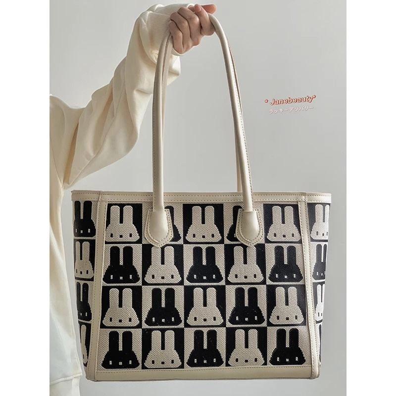 Large-capacity bag women's 2023 new spring and summer all-match texture shoulder bag cute rabbit print commuting tote bag