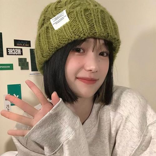 2022 hat women's thick knitted woolen hat autumn and winter all-match big head circumference green loose ins trendy small face