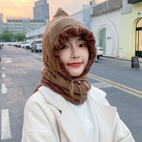 Hat women's winter autumn and winter cycling windproof cap scarf all-match all-match plus velvet warm wool knitted hat women