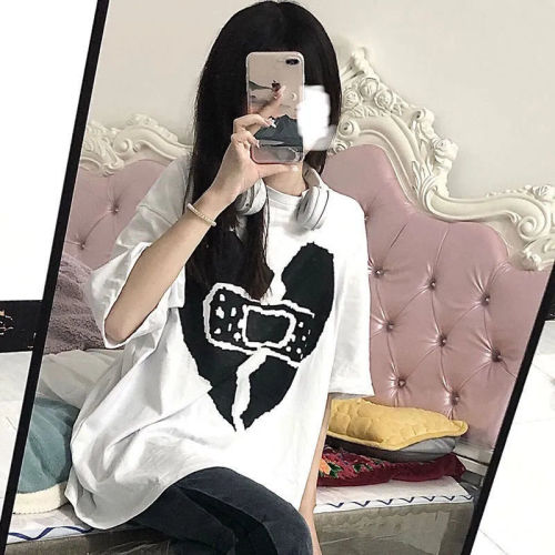 100% can't afford the ball short-sleeved t-shirt female  new personality Korean version of BF all-match love print t-shirt blasting street tide