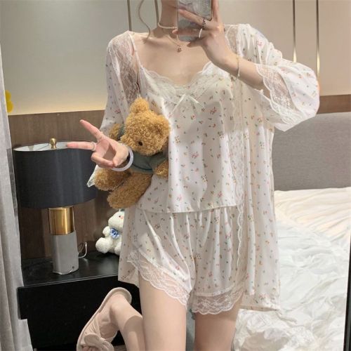 Ice silk pajamas women's summer net red lace suspenders shorts three-piece set high-end beauty girl home clothes sweet style