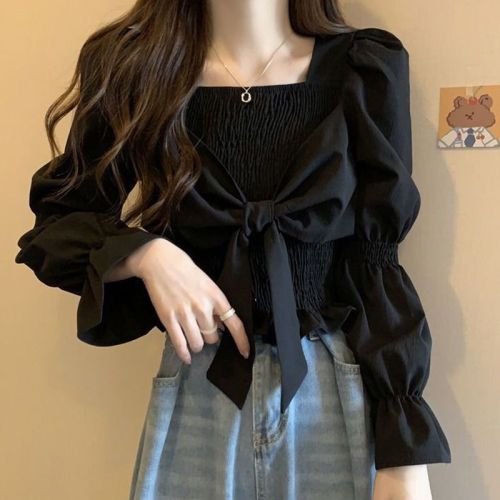 2023 new French-style niche short long-sleeved shirt design slim fit thin bow-knot bottoming shirt women