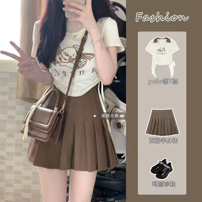 Retro American Spice Girl 2023 Summer Alphabet Strap Drawstring Short-sleeved T-shirt + Pleated Skirt Small Two-piece Set
