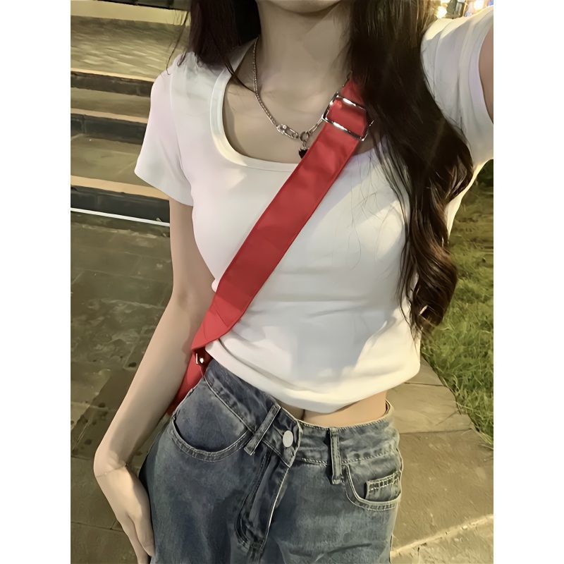 New sweet hot girl American short t-shirt women's summer short-sleeved square collar high waist slimming niche design sense ins bottoming shirt