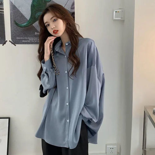Autumn  new retro Hong Kong style blue long-sleeved shirt women's design sense niche temperament outerwear all-match tops