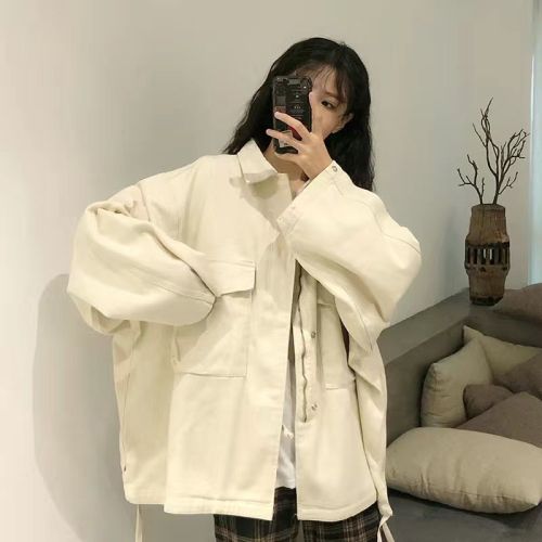 Korean version of solid color tooling jacket female students autumn new Hong Kong style retro loose all-match jacket casual tops