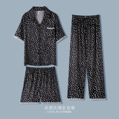 High-end  new ice silk pajamas women can wear summer thin section home clothes real silk three-piece suit