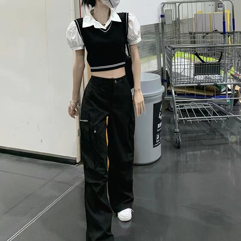 Summer Korean version of the college style V-neck color matching knitted vest top women + POLO collar puff sleeve shirt two-piece trendy