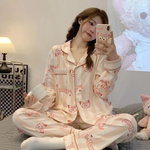 Lingna Belle pajamas women's spring and summer thin ice silk long-sleeved ins wind Japanese students cute autumn two-piece set
