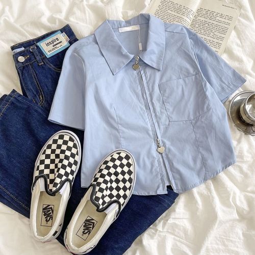 2023 sweet and cool style simple solid color lapel double-headed love zipper design sense of self-cultivation short front shoulder short-sleeved shirt
