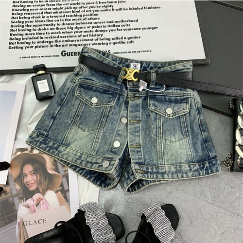 Grinding white breasted denim short skirt spring and summer new style thin all-match wear anti-slip high waist a-line skirt