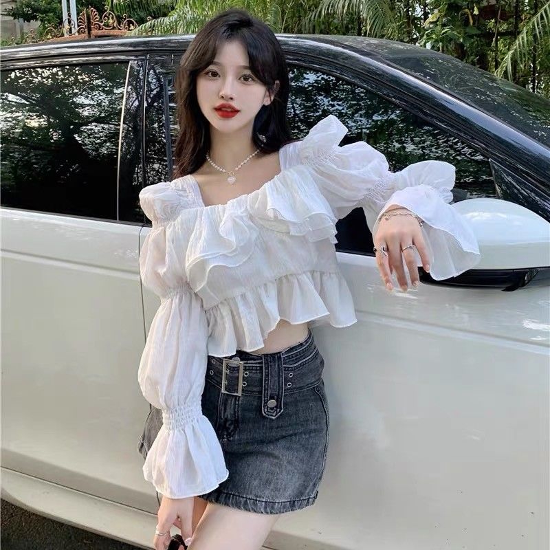 French puff sleeve square collar top women's autumn new design sense small crowd ruffled foreign style long-sleeved shirt