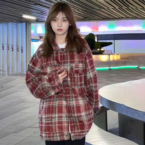 Polo collar trendy ripped design jacket female students autumn grab new lapel retro jacket tooling top tide