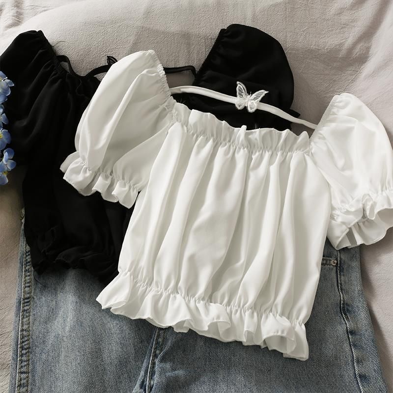 Sweet wind butterfly patch short-sleeved wood ear T-shirt women's new foreign style all-match pleated small shirt fairy