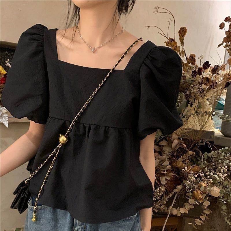 French sweet design puff sleeve square collar doll shirt female summer short student simple chic small top