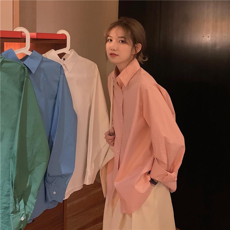 Autumn Korean version of Chic loose simple all-match solid color design sense niche long-sleeved shirt female long-sleeved student shirt