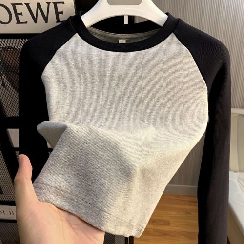 Shoulder long-sleeved t-shirt women's spring and autumn 2023 new inner bottoming shirt foreign style age-reducing hot girl short slim top