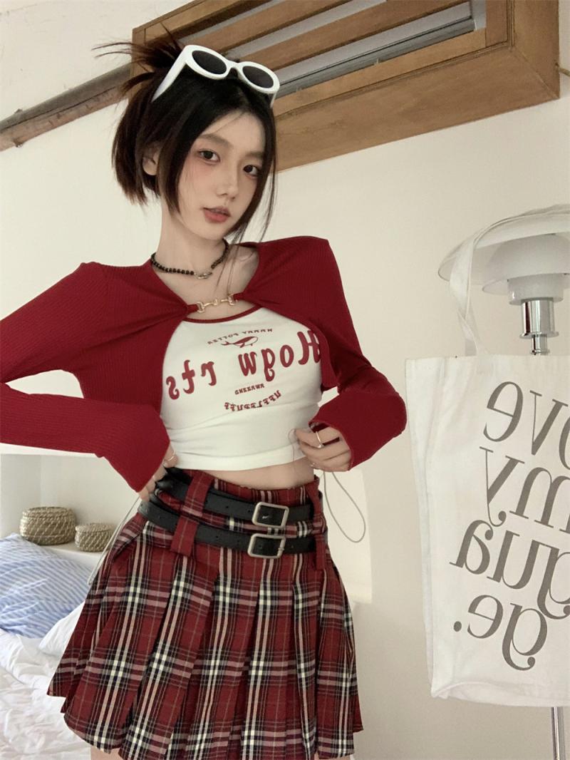 American retro red plaid pleated skirt women's skirt college style a-line skirt slim anti-light JK short skirt