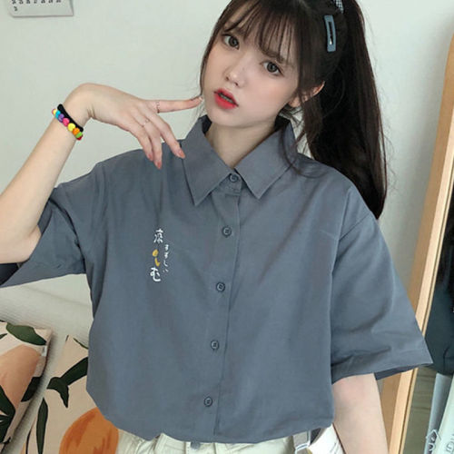 Short-sleeved shirt Hong Kong-style shirt women's summer  loose Korean version of the niche design sense ladies mid-sleeve all-match tops