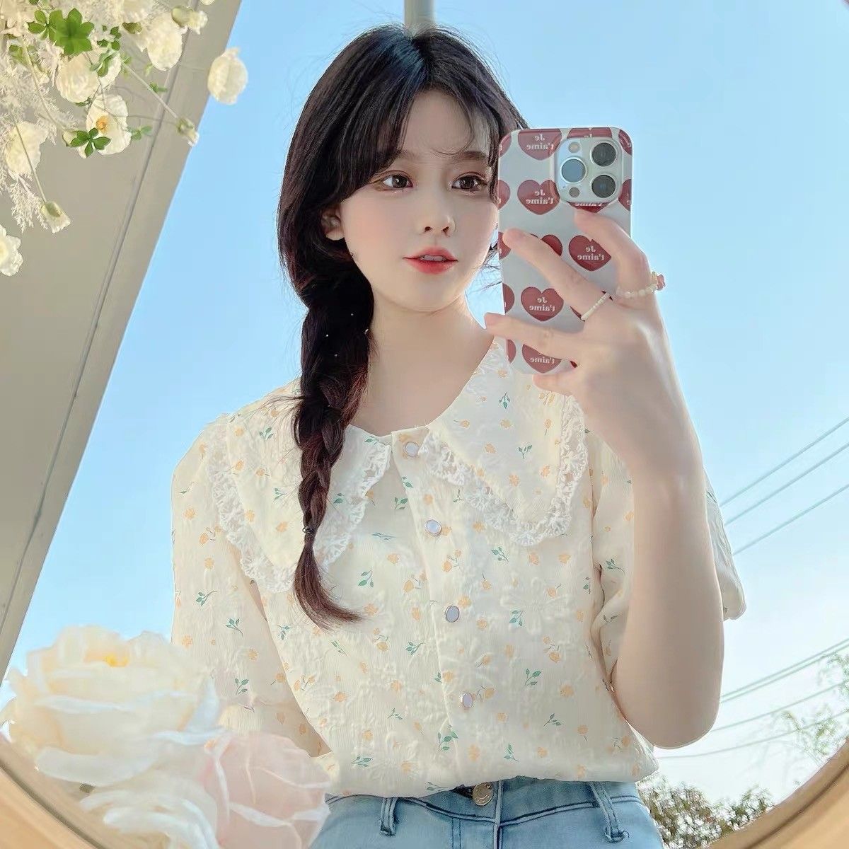 French doll collar floral shirt top women's summer new small fresh sweet bubble short-sleeved shirt