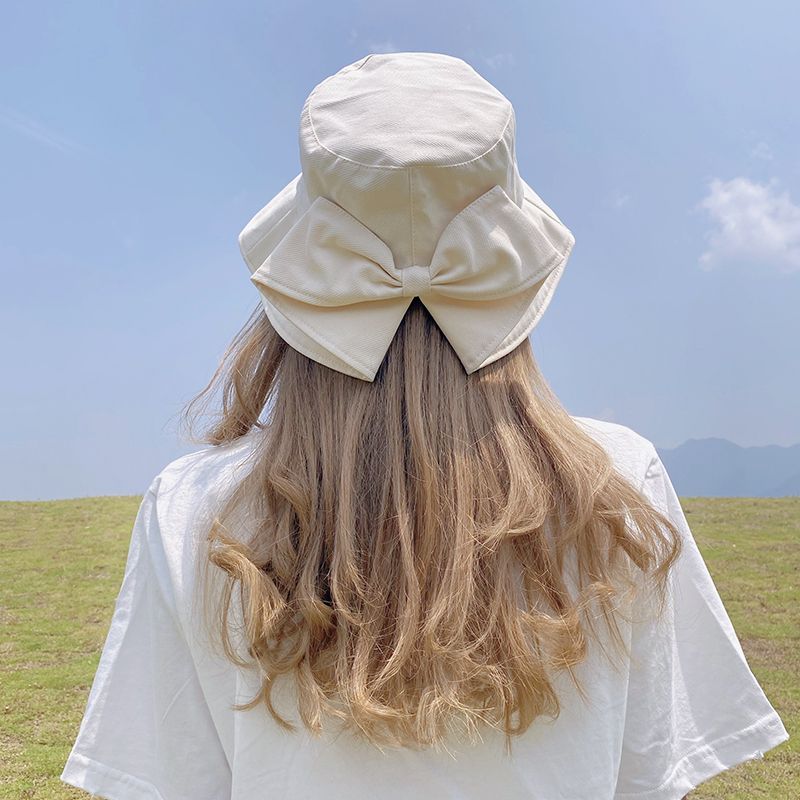 Hat women's trendy big brim hat women's summer Japanese fisherman hat casual Hepburn style sunscreen bow all-match sun hat