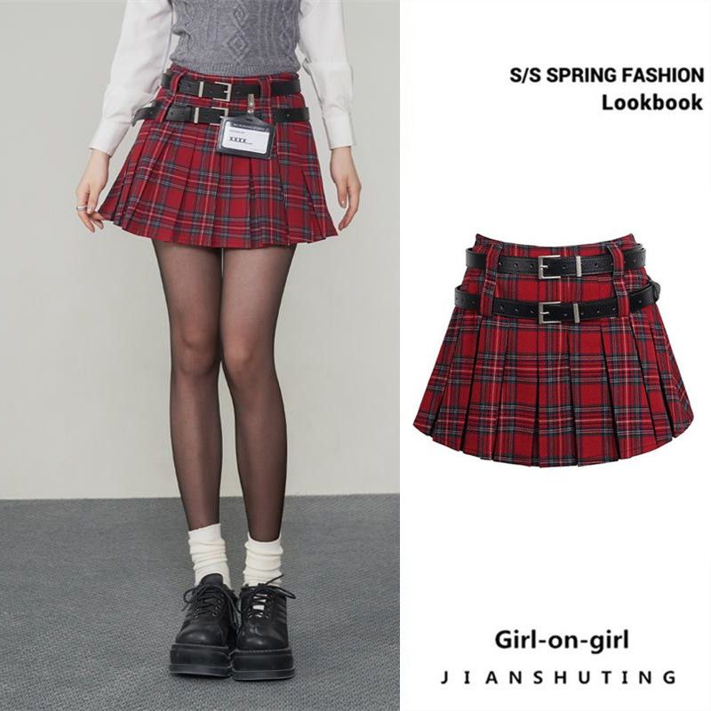 Red plaid skirt American retro plaid skirt women's summer Korean skirt red preppy style pear-shaped pleated skirt